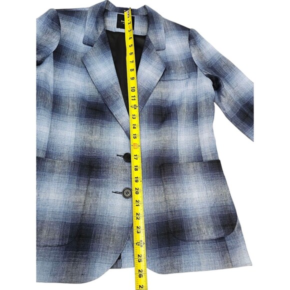 Smythe Blazer 100% Linen Shadow Plaid Tartan Blue Black Half Sleeve Pockets - Picture 8 of 16